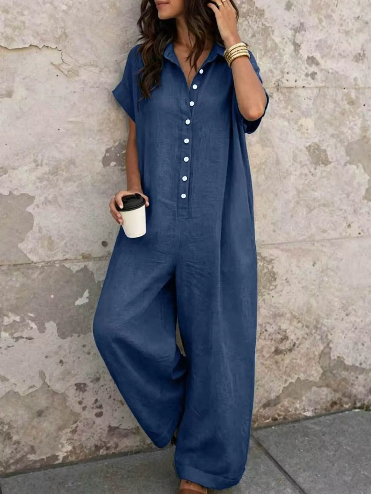 Button Front Short Sleeve Jumpsuit