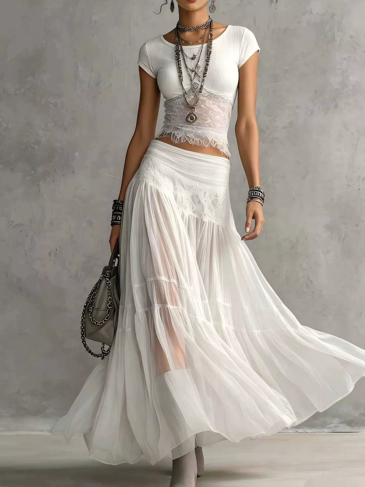Lace Slim Fit Top and Maxi Skirt Set