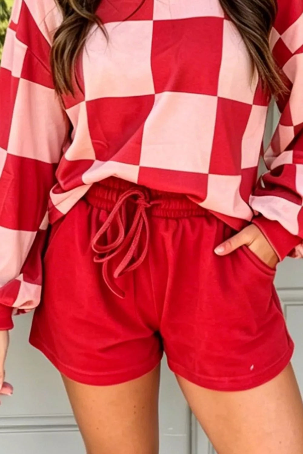 Checkerboard Top and Drawstring Shorts Cozy Set
