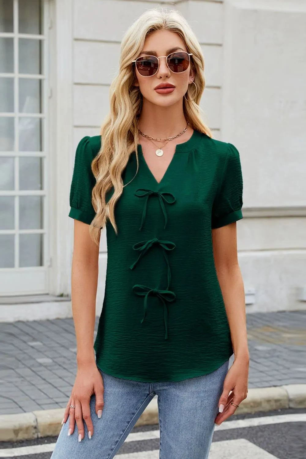 Notched Short Sleeve Blouse