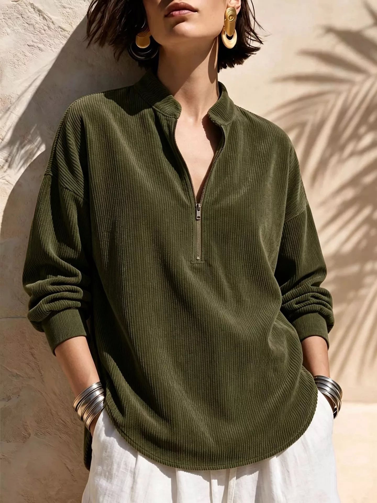 Full Size Ribbed Half-Zip Corduroy Sweatshirt Plus Size