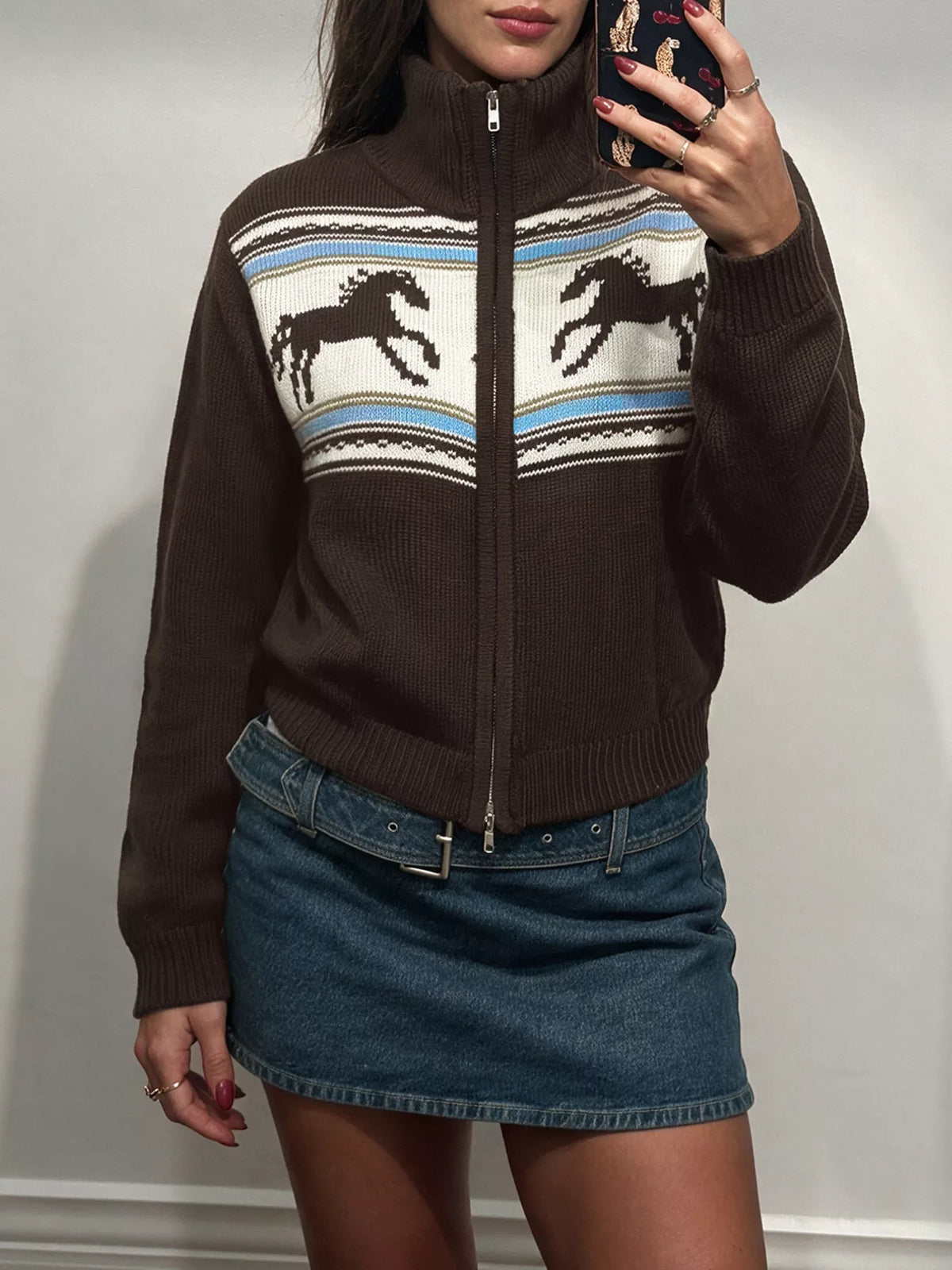 Horse Zip Up Mock Neck Cardigan