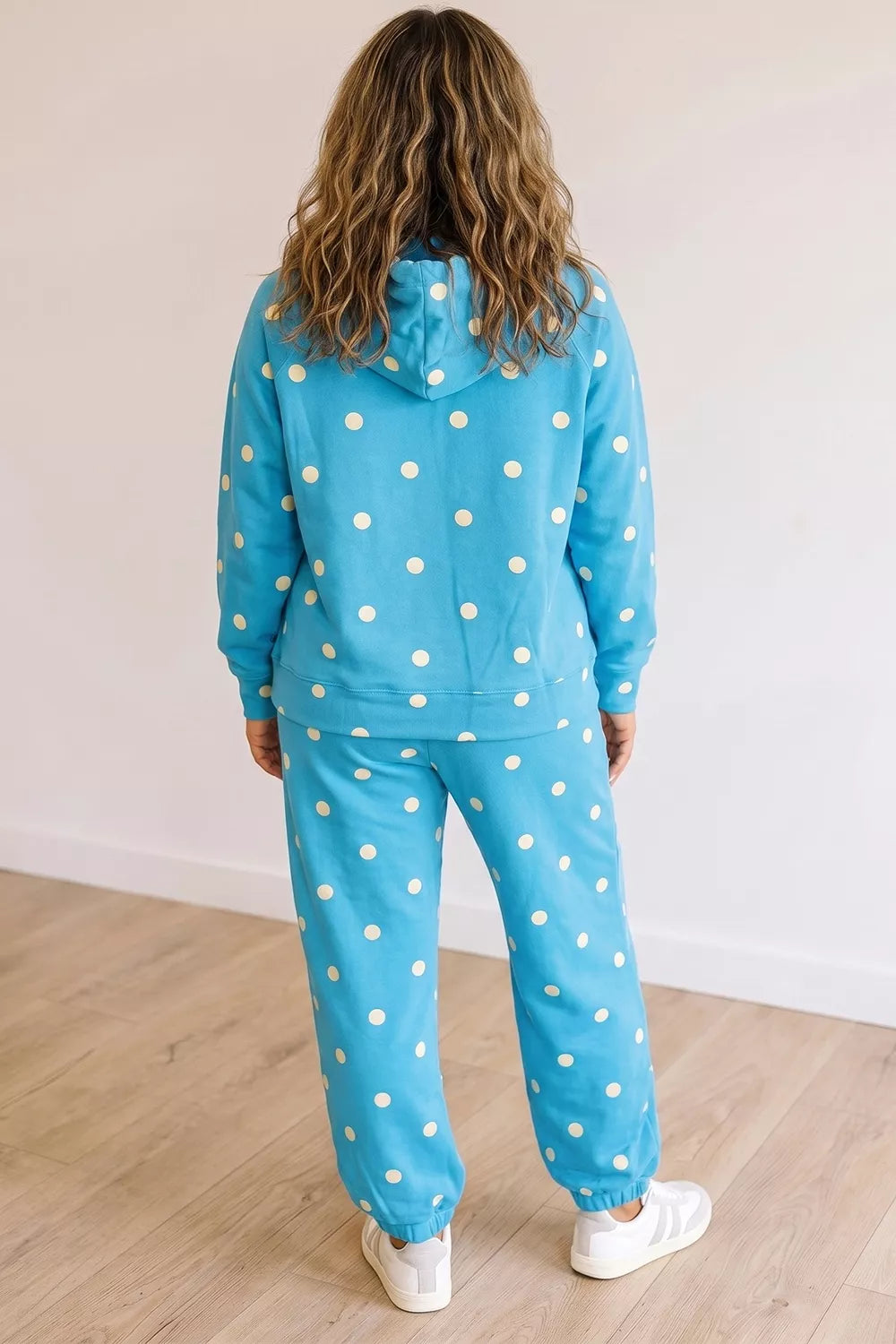 Plus Size Polka Dot Hooded Drawstring Long Sleeve Top and Pants Set