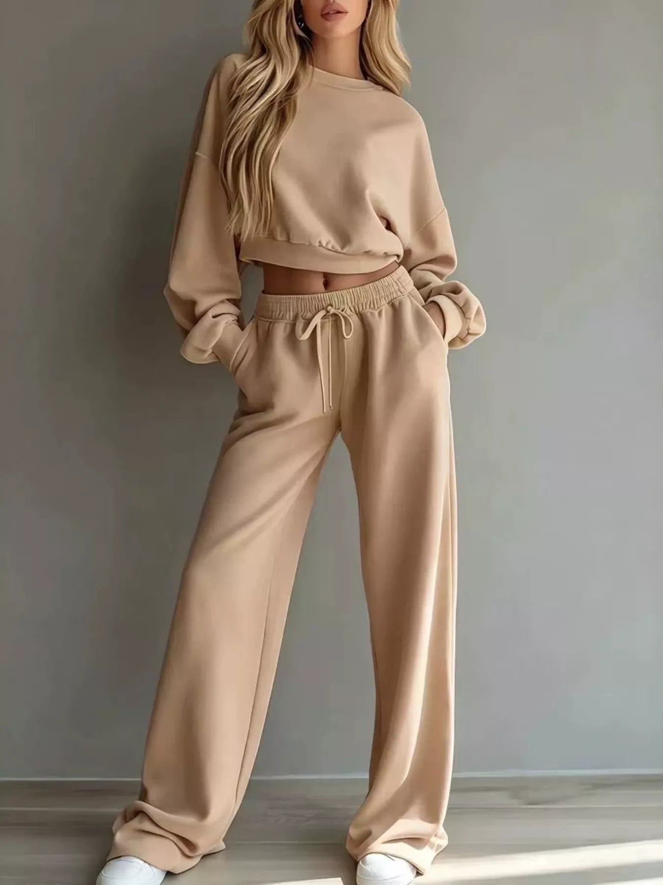 Round Neck Cropped Sweatshirt and Wide-Leg Pants Set