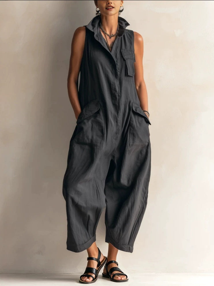 Women's Cotton Sleeveless Cargo Jumpsuit – Wide Leg Multi-Pocket