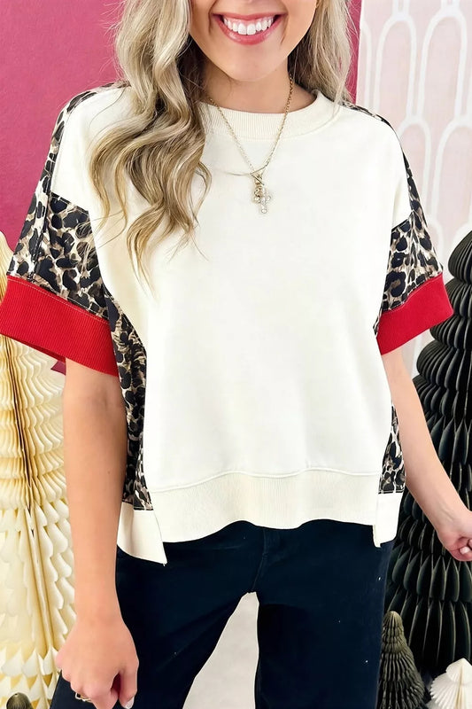 Leopard Block Patchwork Uneven Hem Short Sleeve Top
