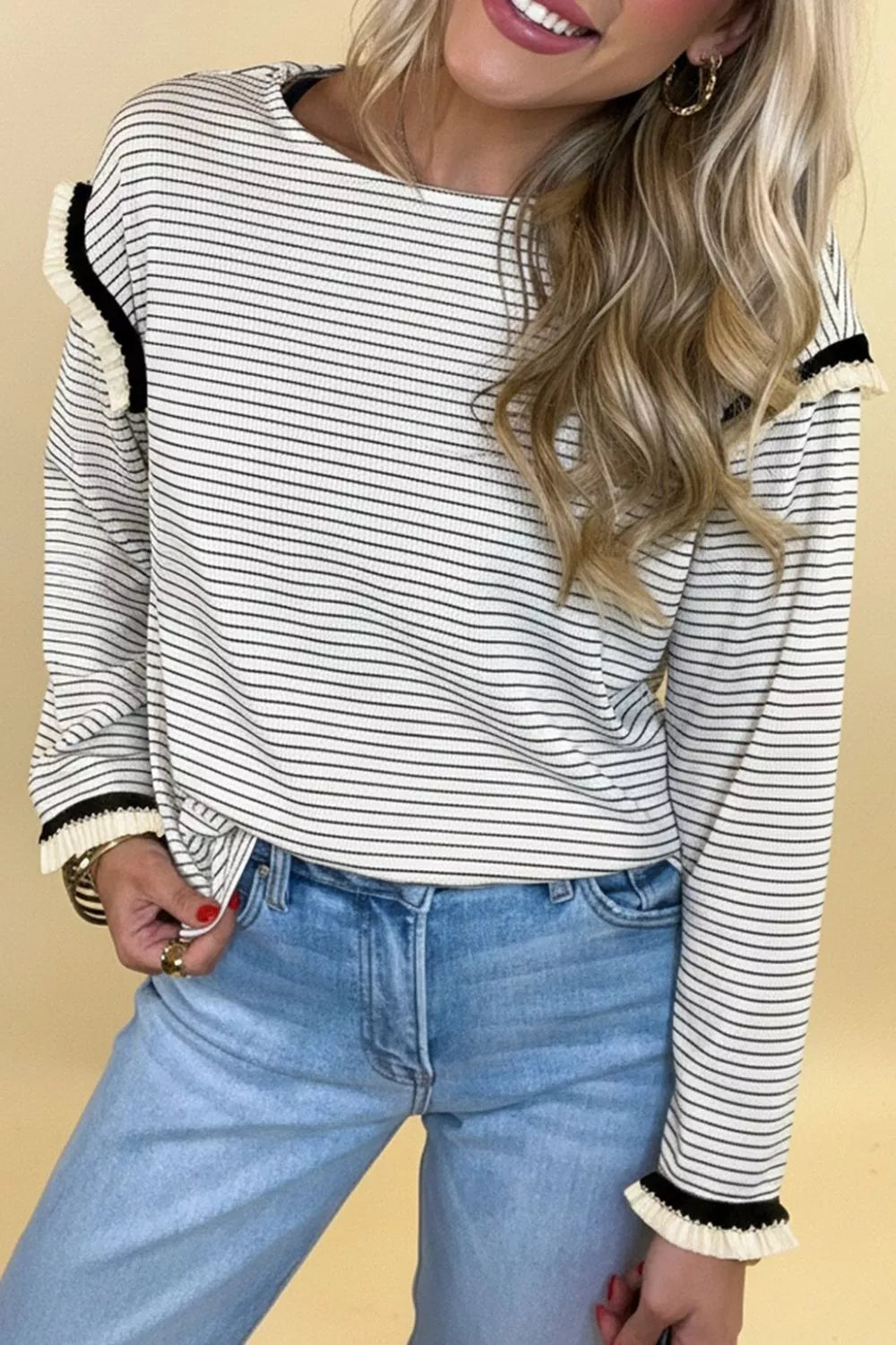Stripe Contrasted Ruffle Trim Loose Long Sleeve Top