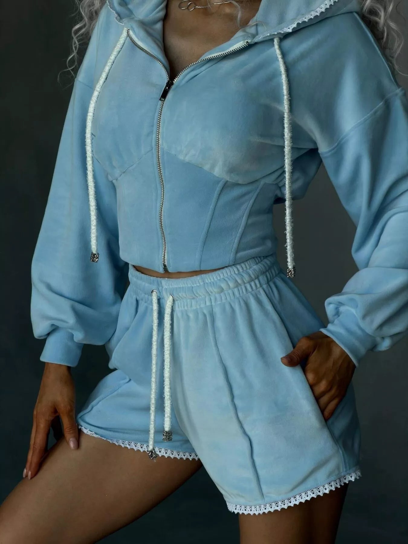 Drawstring Zip-Up Hoodie and Shorts Set