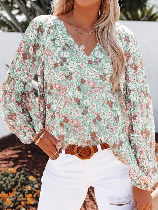 Full Size Floral Print V-Neck Long Sleeve Blouse Plus Size
