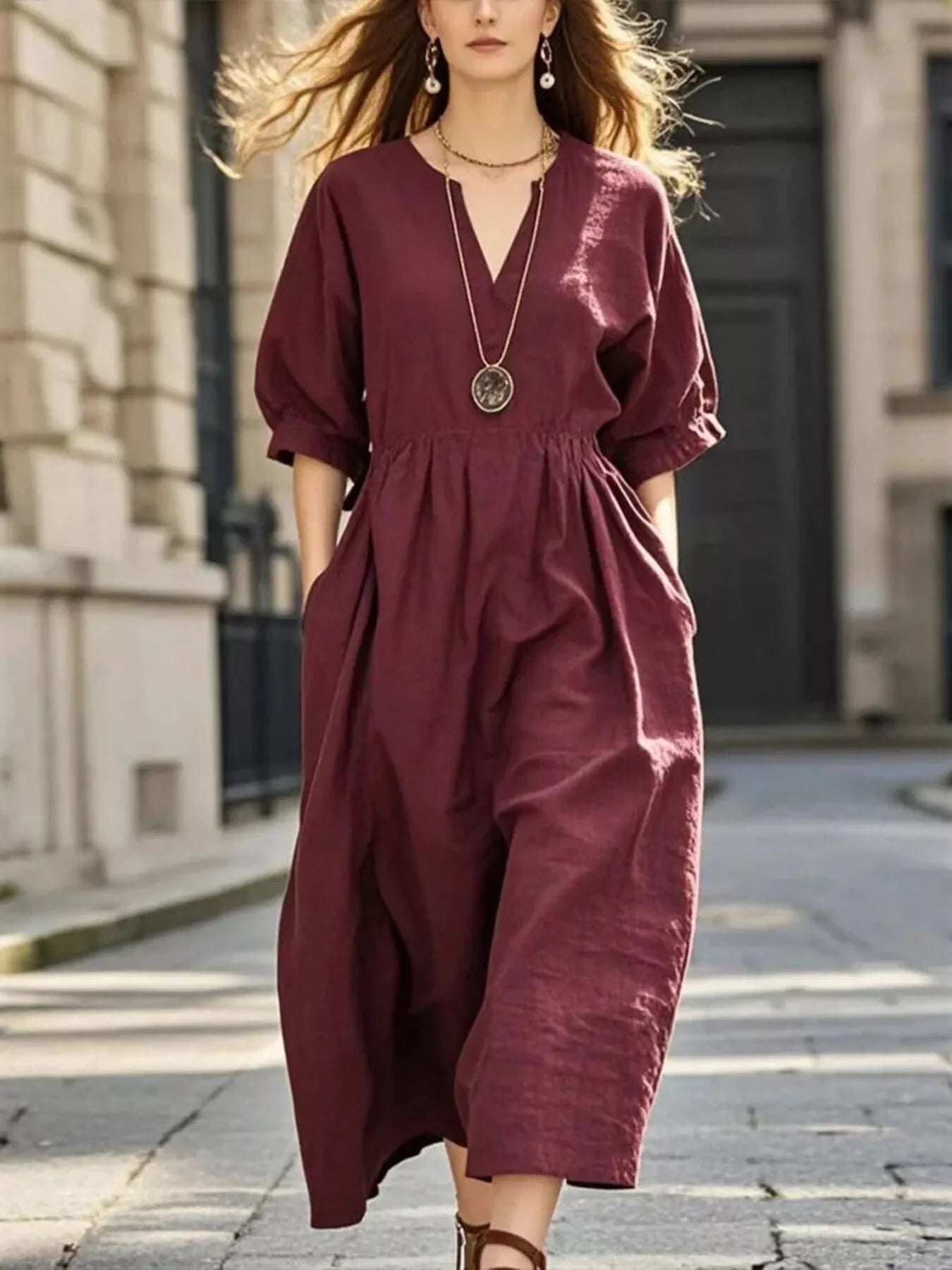 Notched Half Sleeve Midi Dress