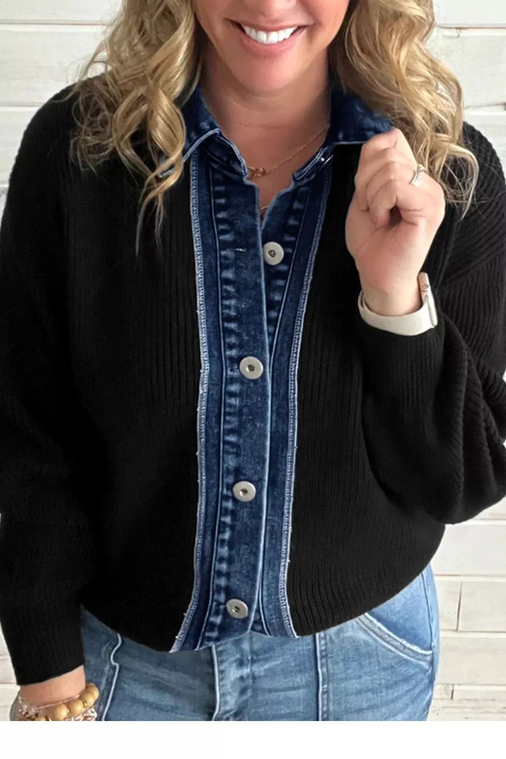 Denim Contrast Placket Long Sleeve Cardigan