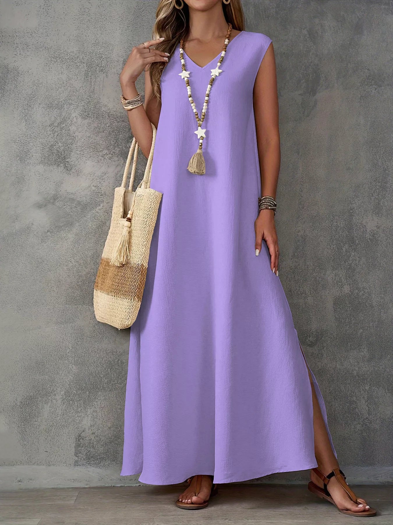 Sleeveless V-Neck Side-Slit Maxi Dress
