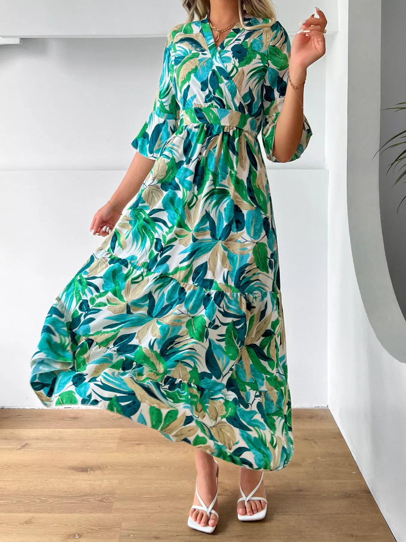 Tropical Leaf Print Half Sleeve Midi Dress