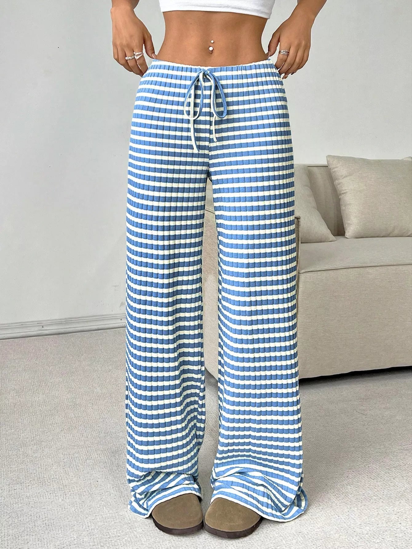Ribbed Knit Drawstring Wide Leg Pants