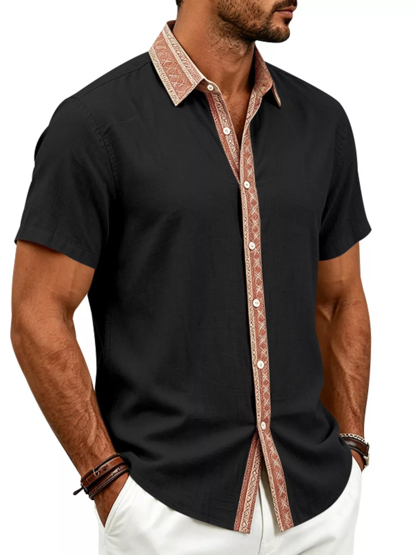 Men's Full Size Casual Short Sleeve Linen Shirt Plus Size