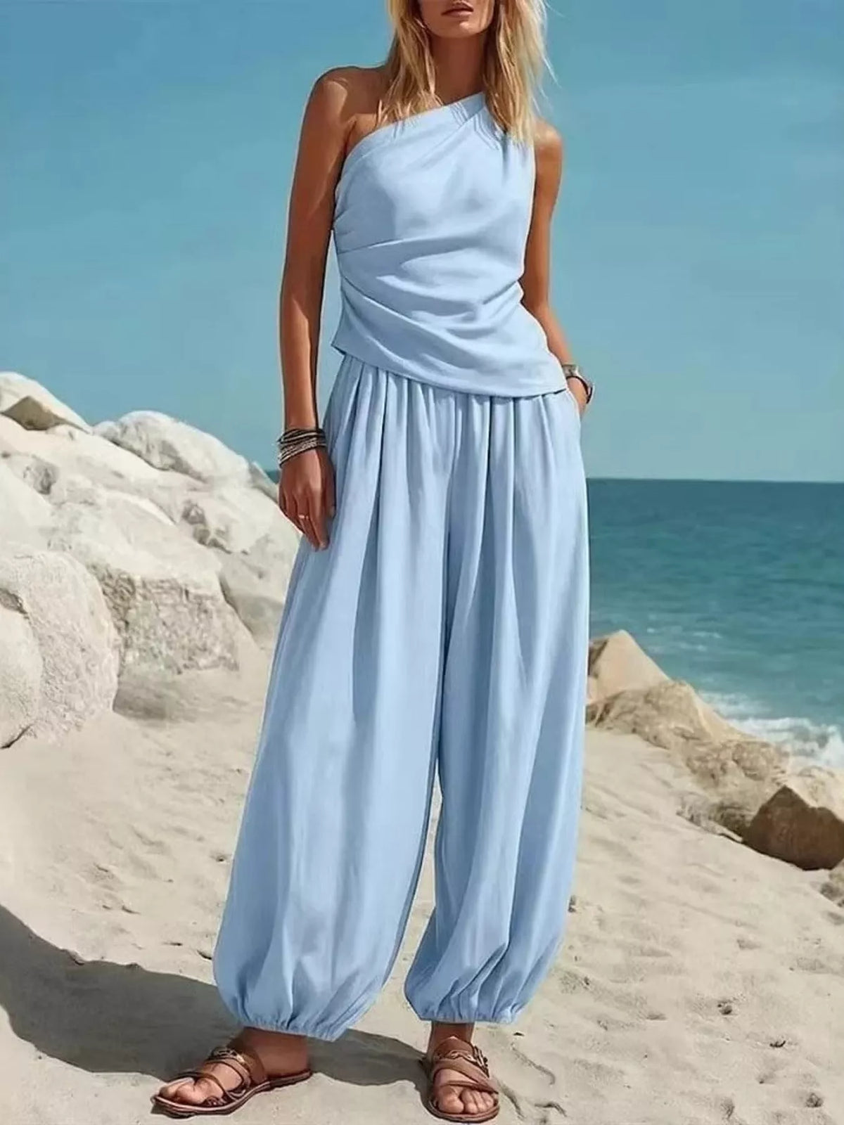 Full Size One-Shoulder Sleeveless Top and Harem Pants Set Plus Size