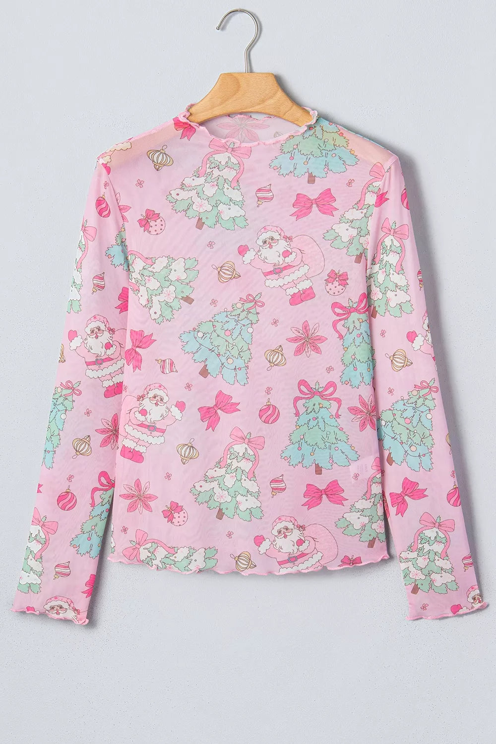 Christmas Print Sheer Mesh Slim Fit Long Sleeve Top