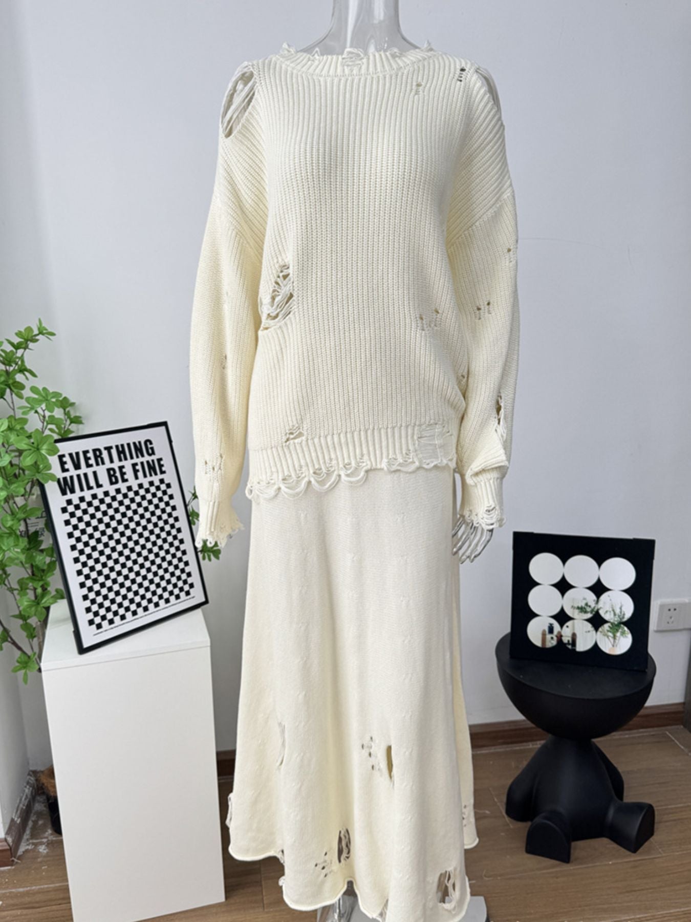 Distressed Long Sleeve Sweater and Skirt Set