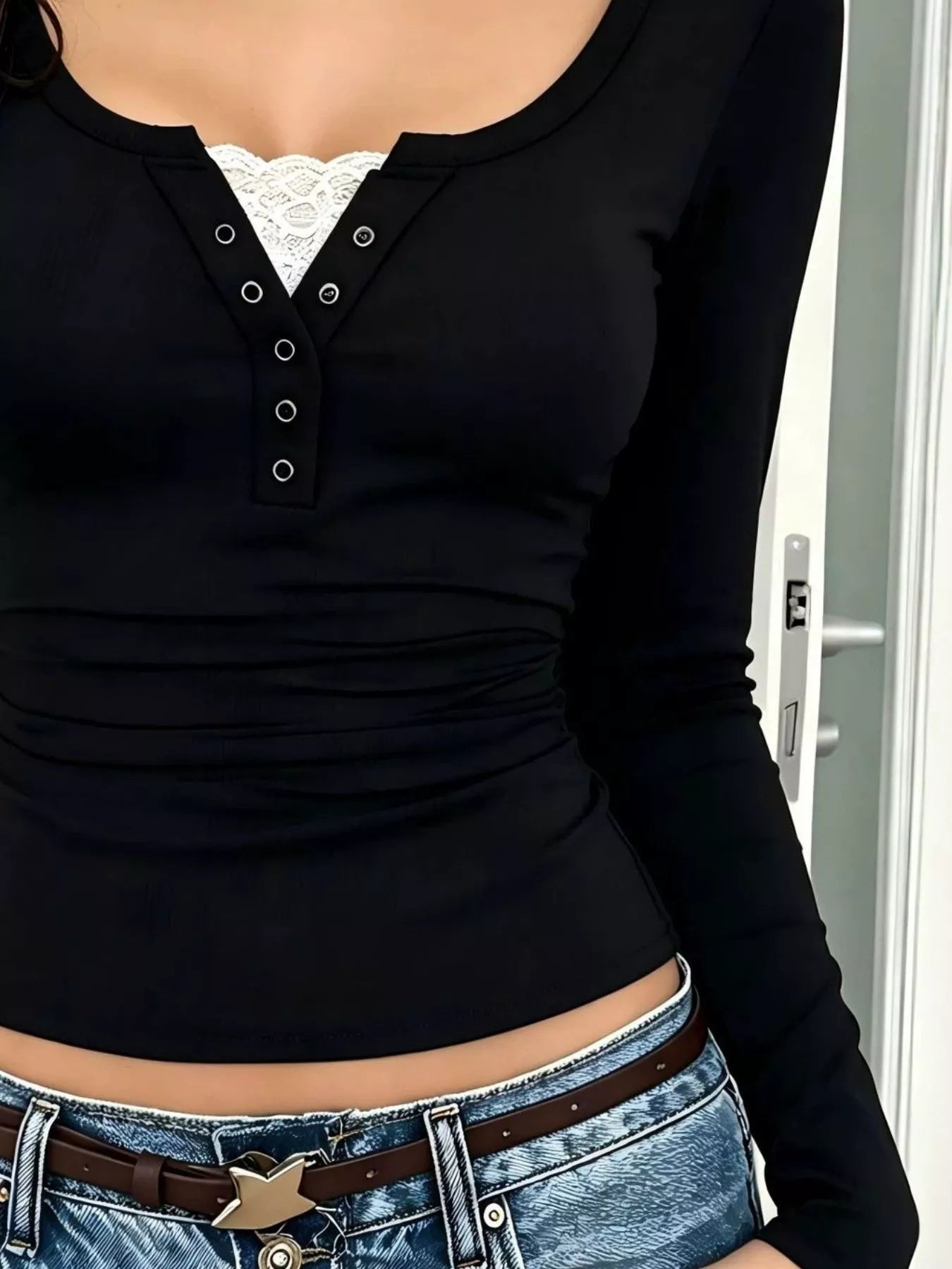 Lace Trim Slim Fit Long Sleeve T-Shirt