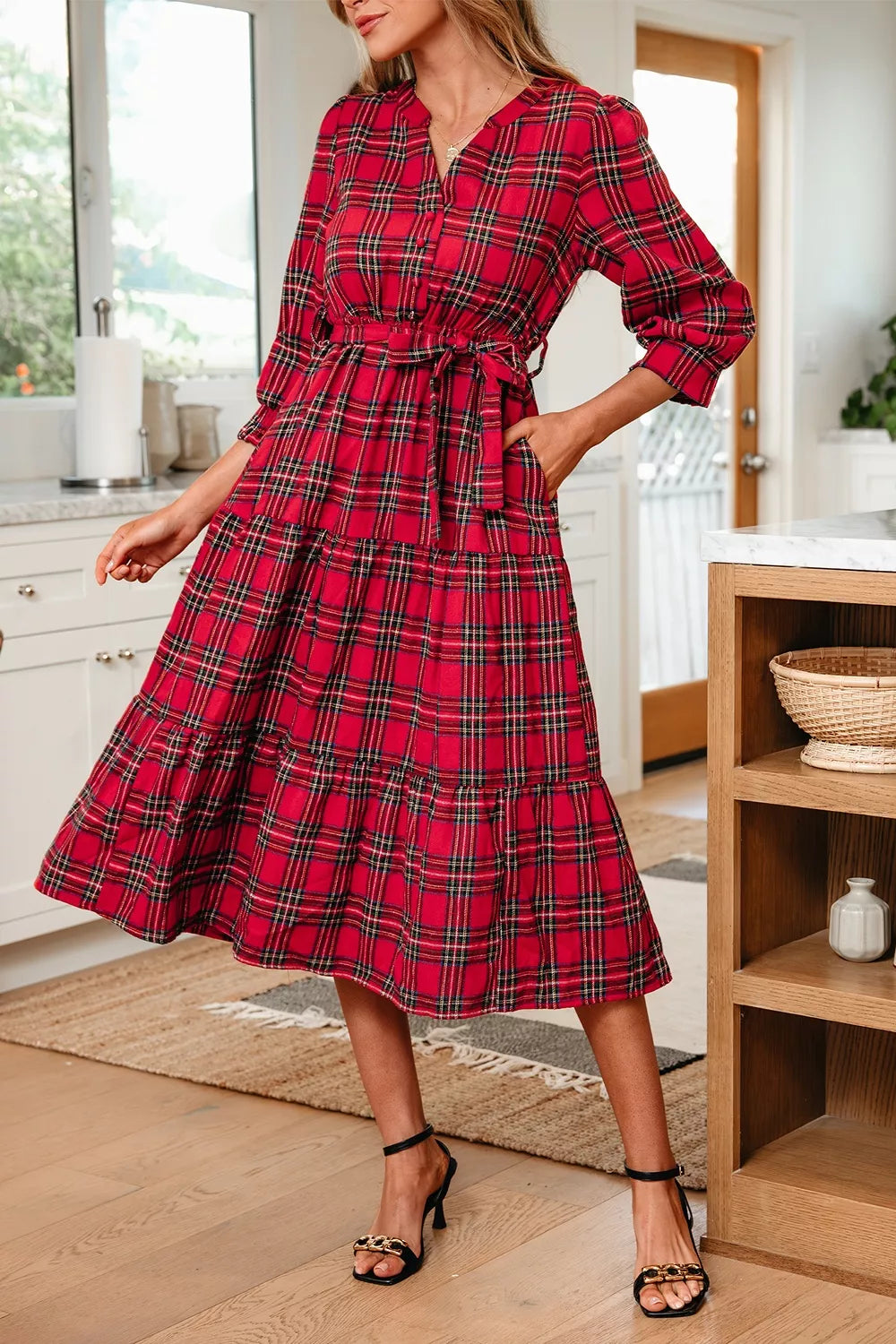 Christmas Plaid V Neck 3/4 Sleeve Tie Waist Ruffle Hem Midi Dress