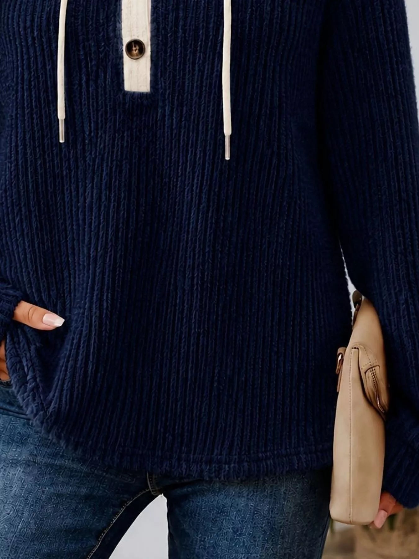 Full Size Drawstring Button Detail Hooded Sweater Plus Size