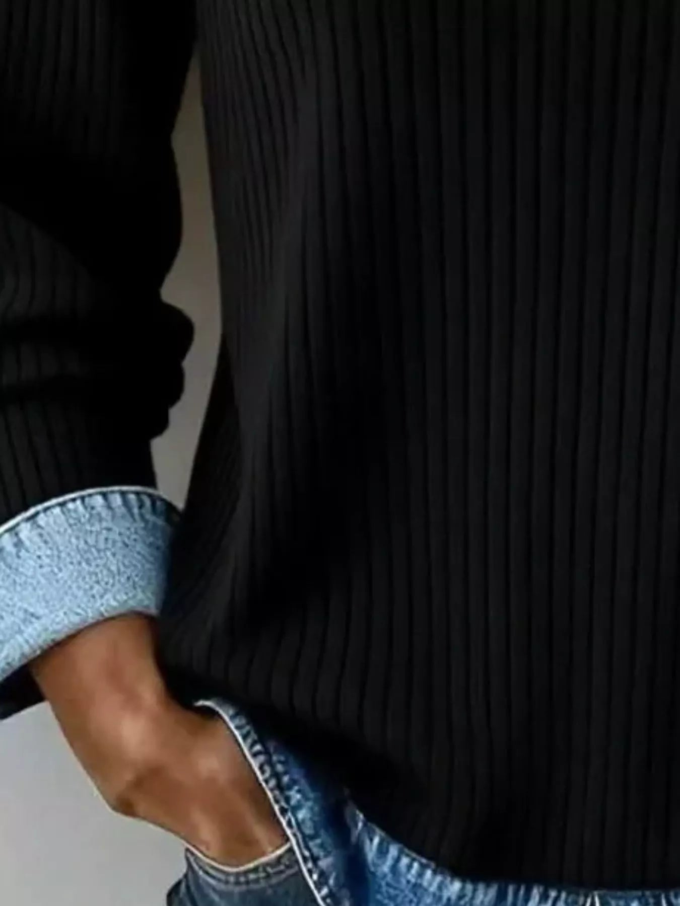 Denim Collar Ribbed Knit Top