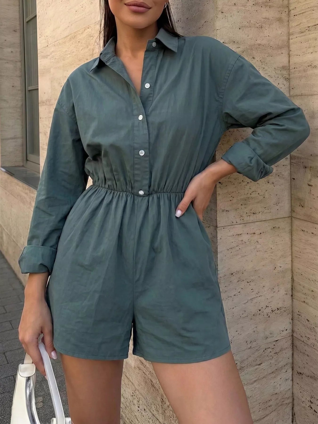 Button Front Long Sleeve Romper