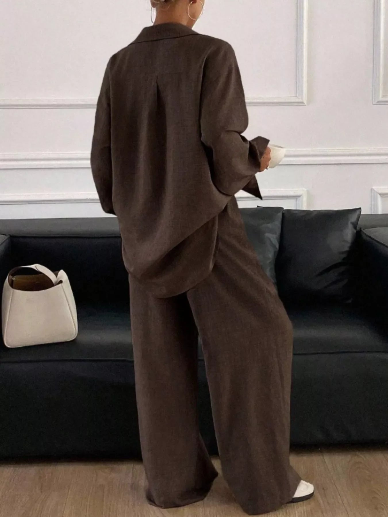 Button Up Long Sleeve Shirt and Wide Leg Pants Set