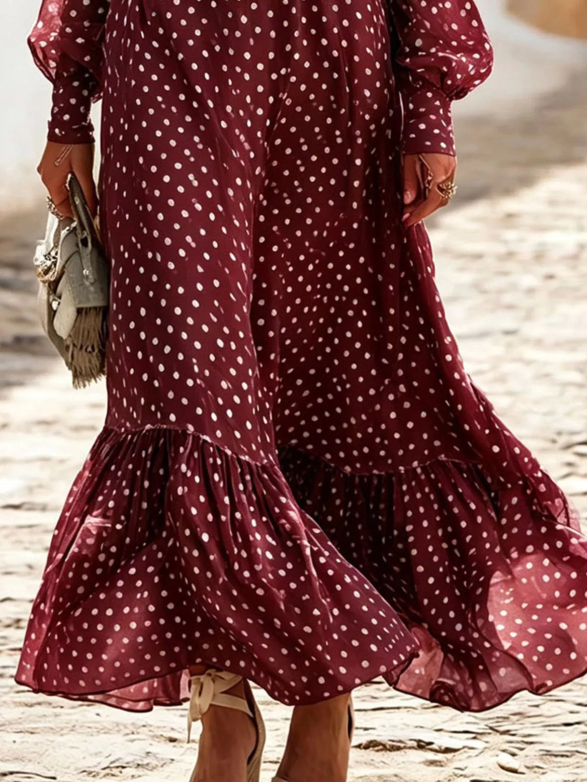 Full Size Polka Dot Ruffle V-Neck Maxi Dress Plus Size