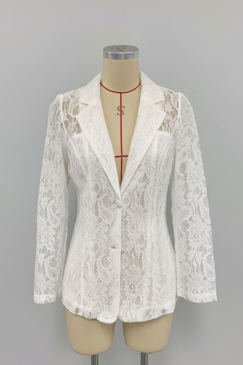 Sheer Floral Lace Blazer | Deep V Notched Lapel Single Button