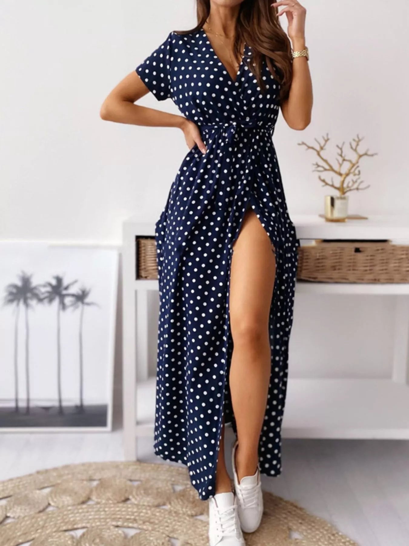 Polka Dot Surplice Maxi Dress with Slit