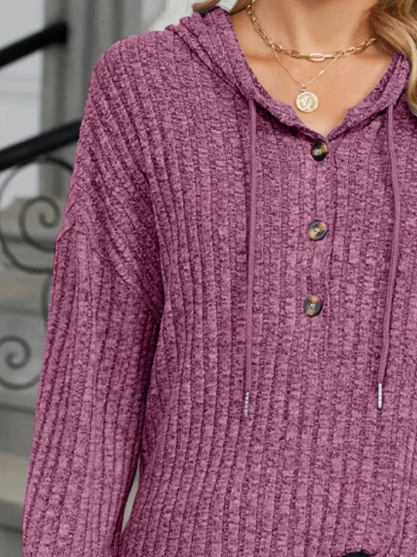 Ribbed Knit Drawstring Long Sleeve Hoodie