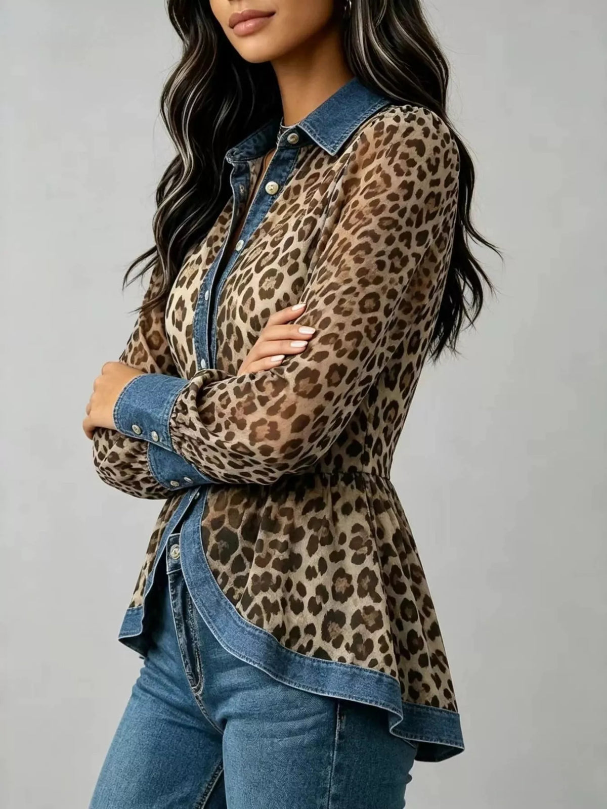 Full Size Leopard Print Blouse with Denim Contrast Trim Plus Size
