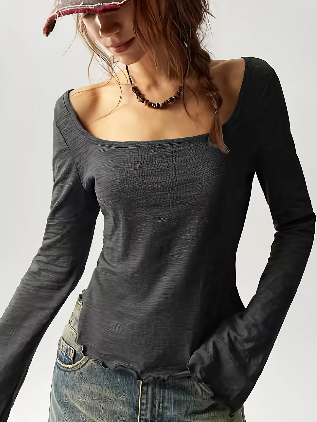 Long Sleeve Square Neck Slim-Fit T-Shirt