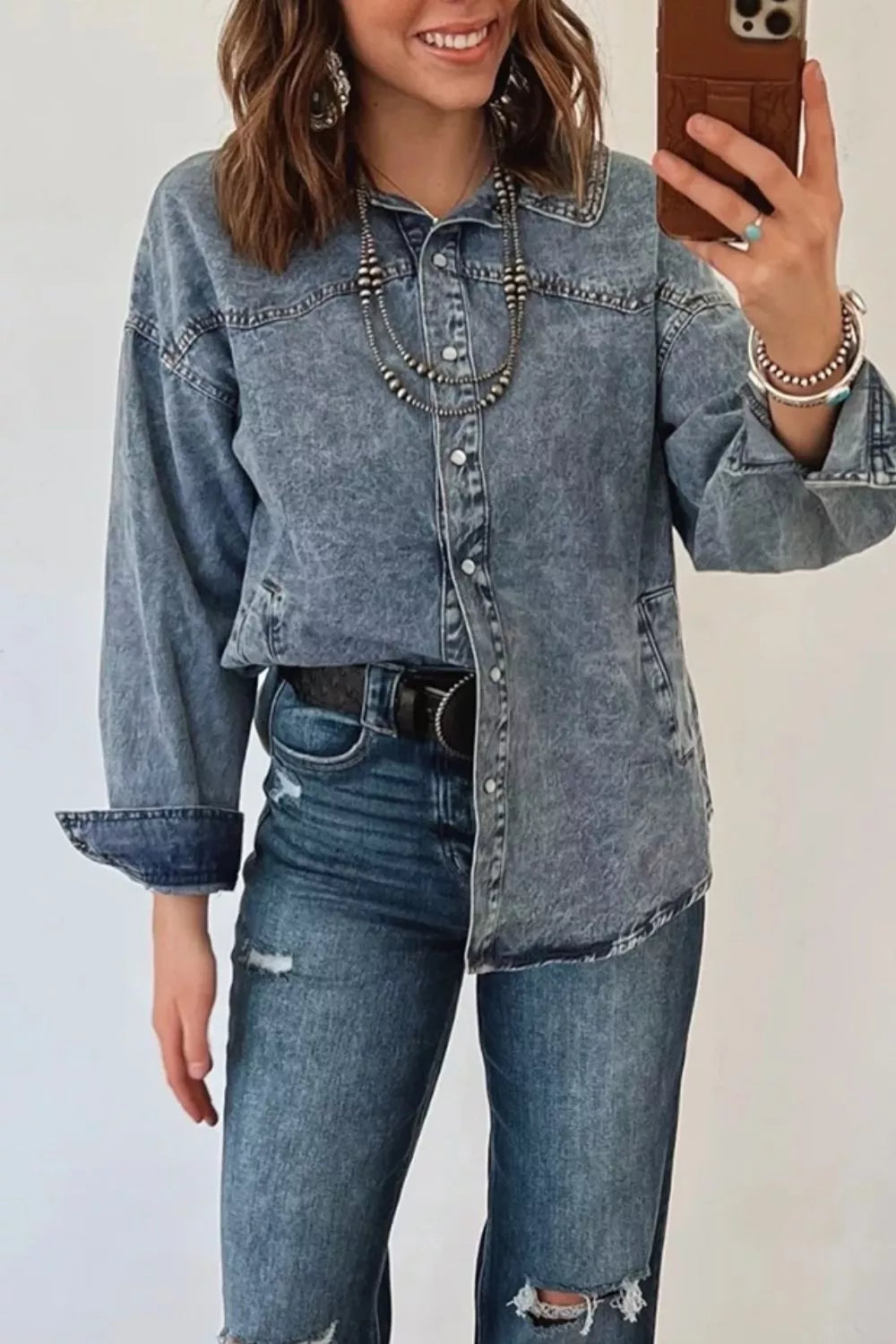Western Long Sleeve Shirt Collar Tunic Denim Jacket