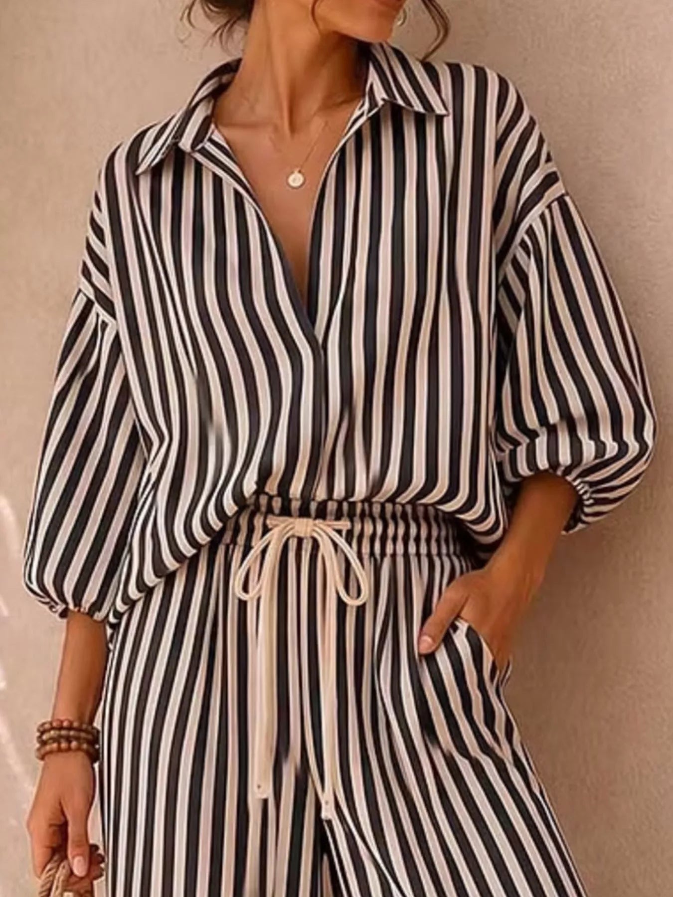 Full Size Striped Puff Sleeve Shirt and Wide-Leg Drawstring Pants Set Plus Size