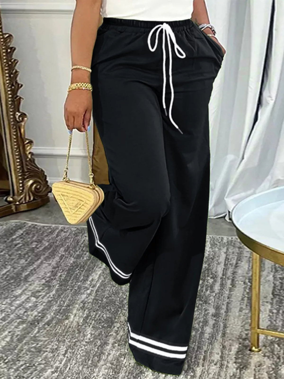 Wide-Leg Drawstring Pants with Striped Hem