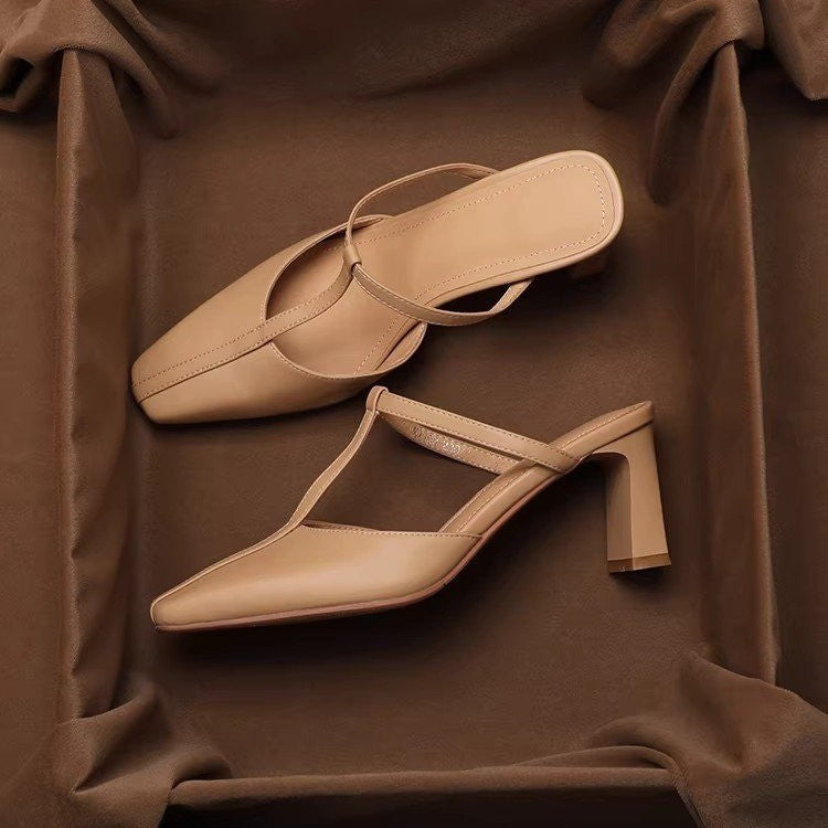 Women's French Vintage Square Toe Block Heel Mule Sandals – T-Strap