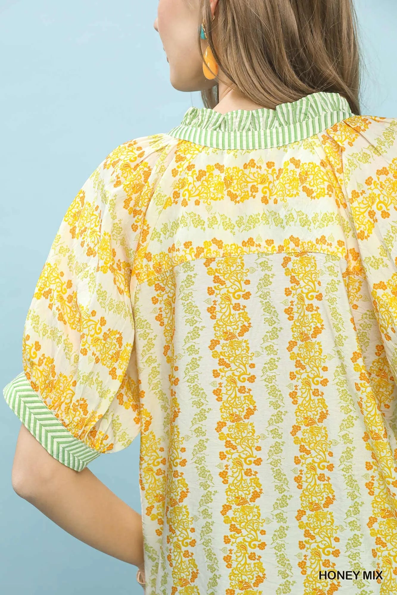 Mix Print Boho Blouse with Contrast Trim