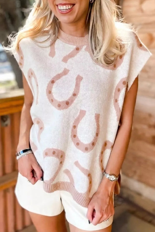 Horse Shoe Western Print Tied Side Cap Sleeve Knit Top