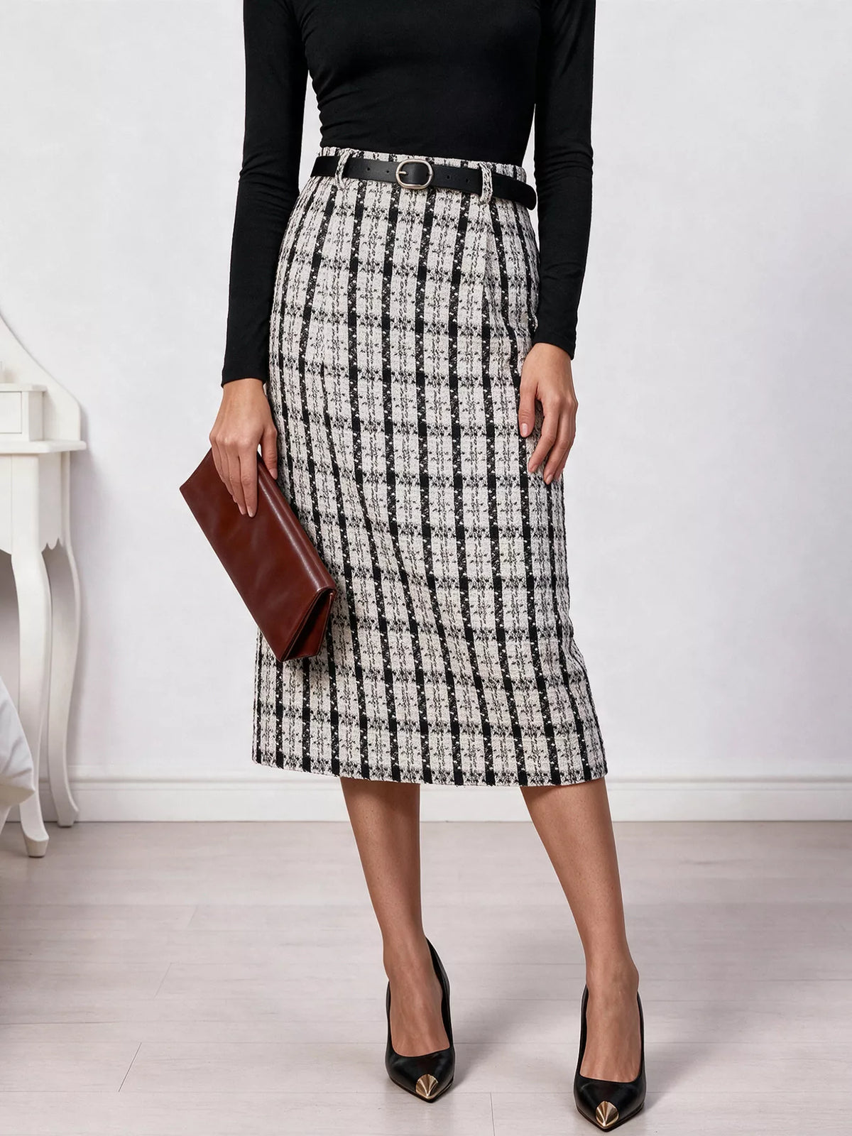 High-Waisted Tweed Plaid Midi Skirt