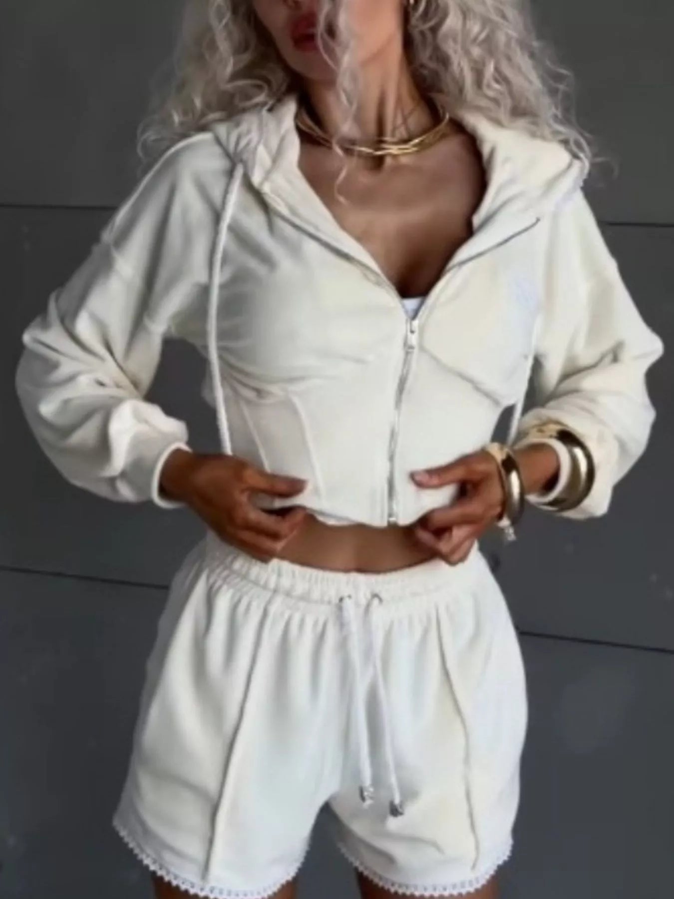 Drawstring Zip-Up Hoodie and Shorts Set