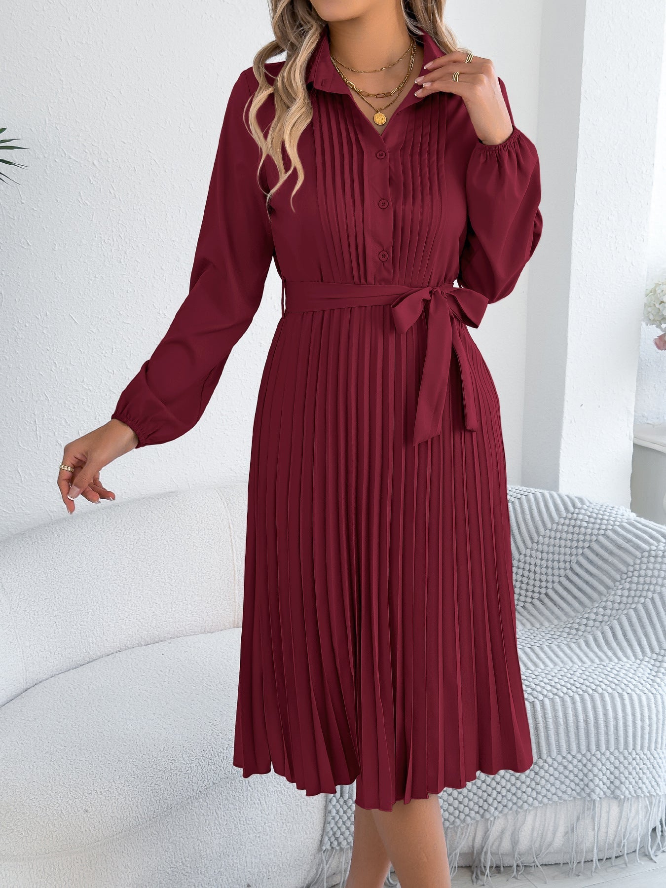 Pleated Tie Waist Balloon Sleeve Dress