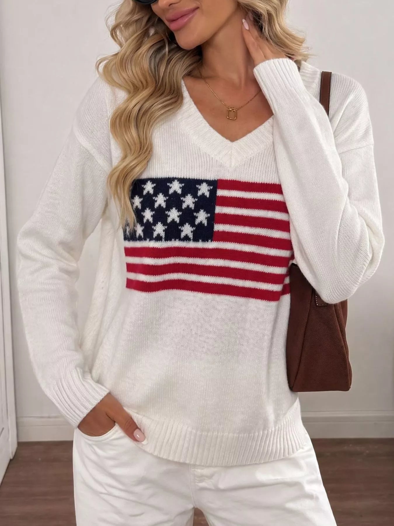 American Flag V-Neck Knit Top