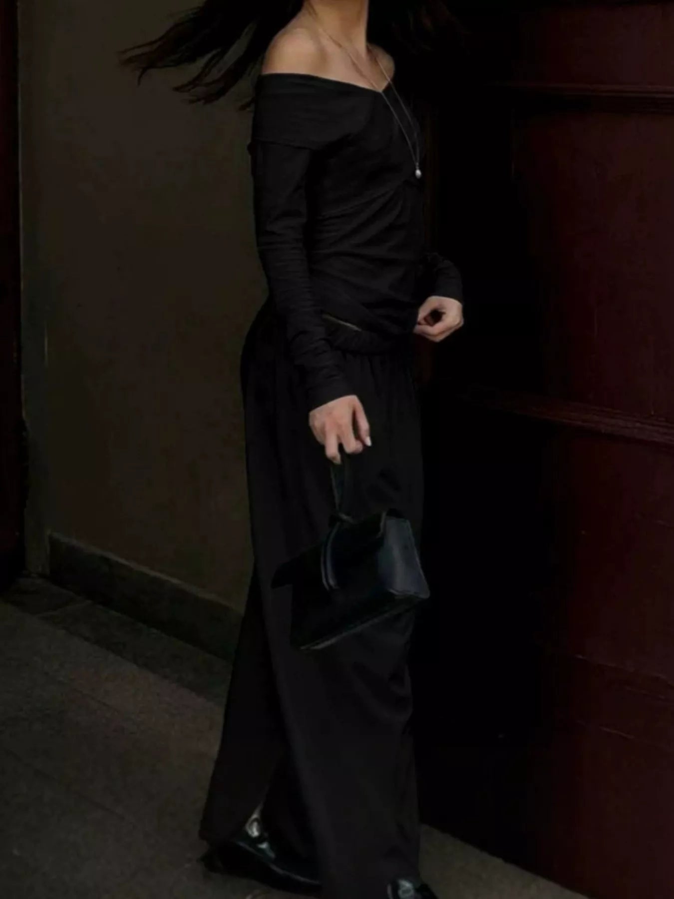 Off-Shoulder Long Sleeve Top and Wide-Leg Pants Set