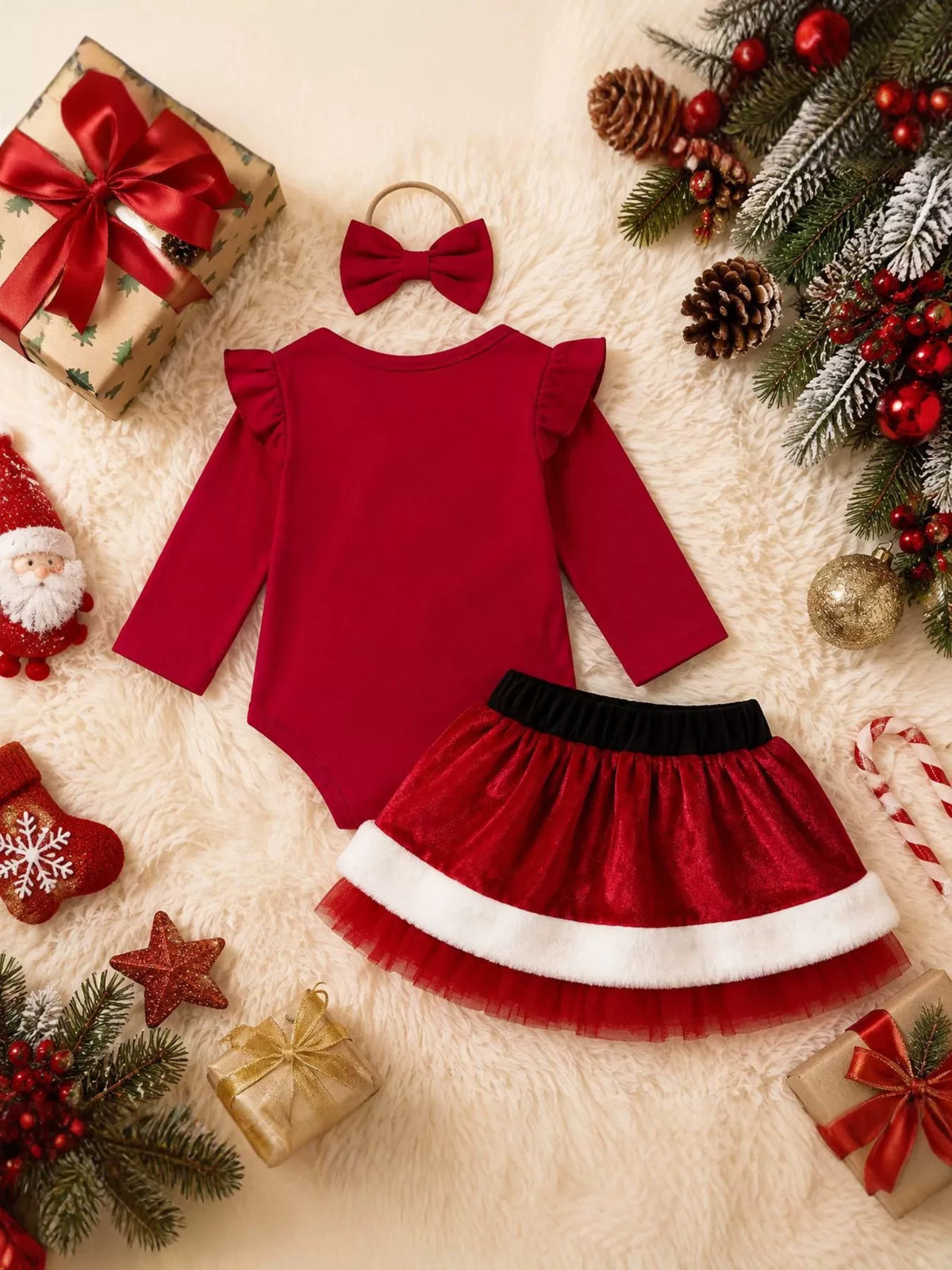 Children's Christmas Long Sleeve Bodysuit and Skirt Set with Bow Headband