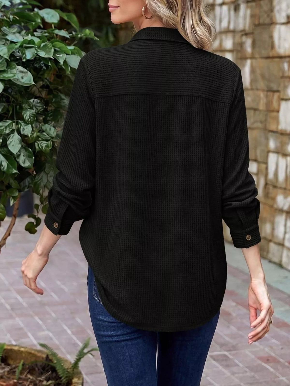 Waffle Knit Button-Down Long Sleeve Shirt