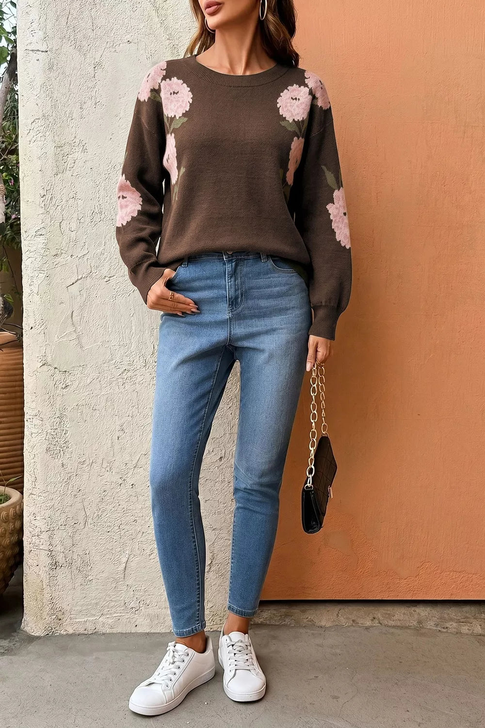 Floral Print Drop Shoulder Relaxed Sweater