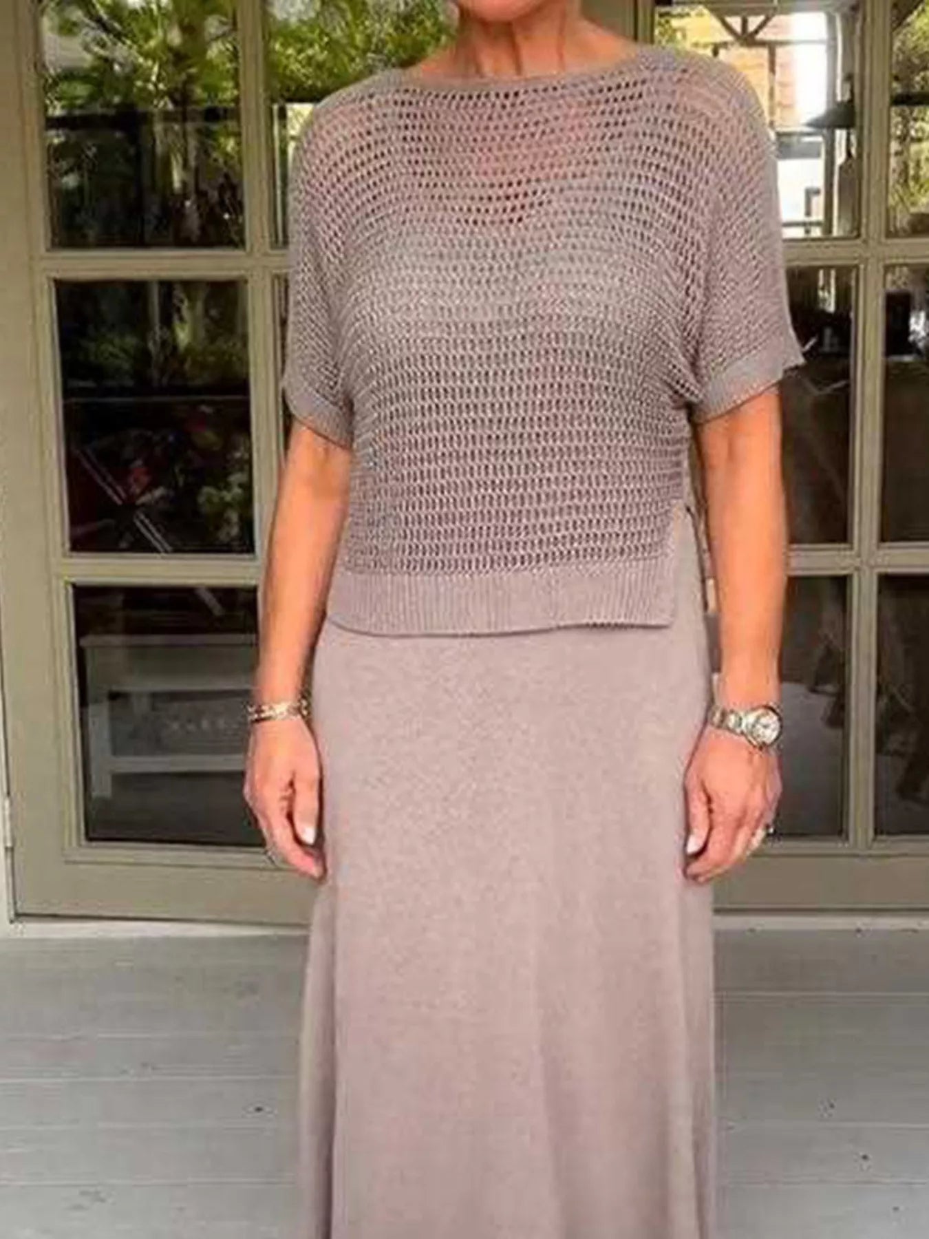 Full Size Openwork Knit Cover Up and Dress Set Plus Size