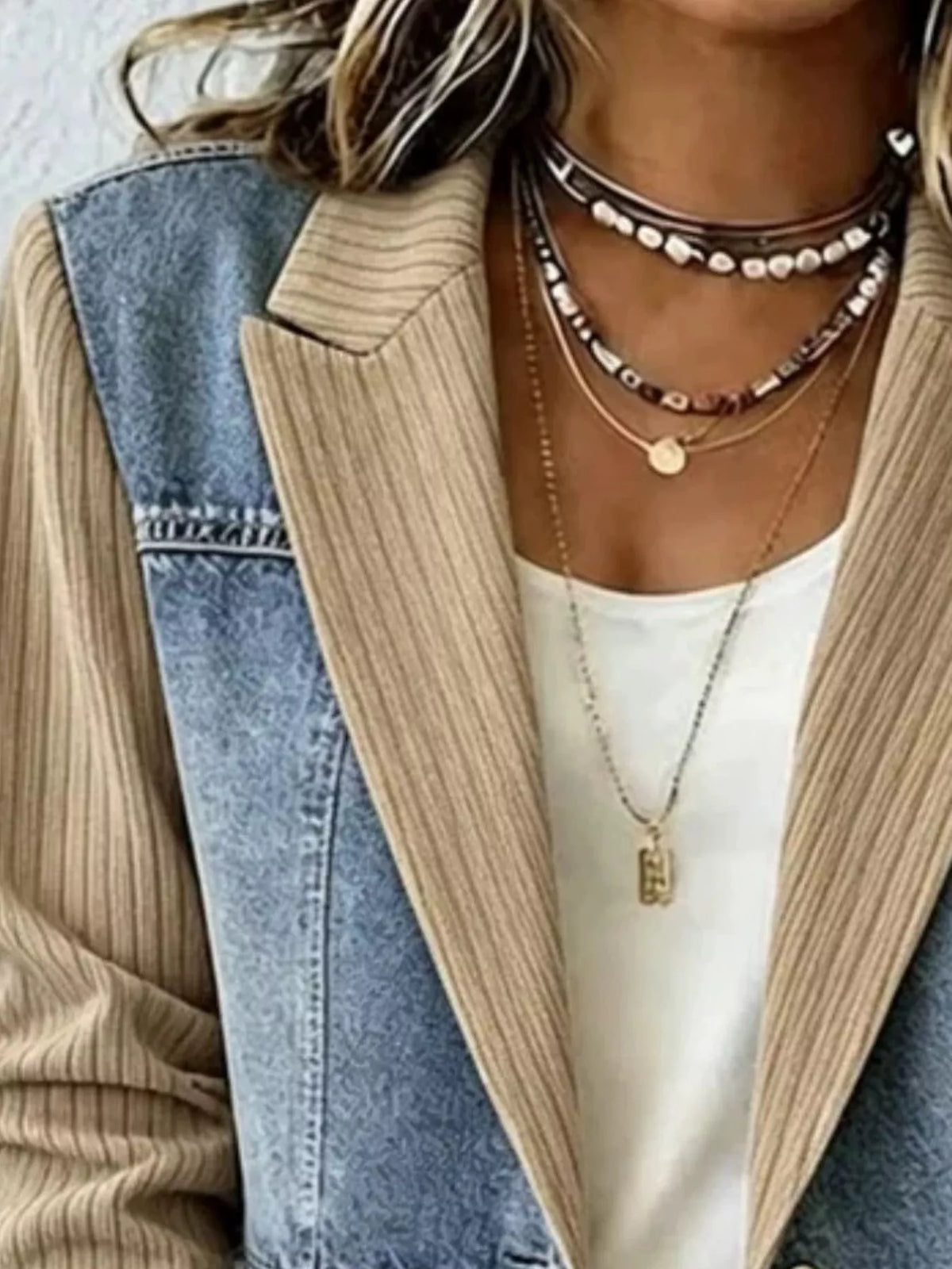 Full Size Patchwork Denim Ribbed Blazer Plus Size